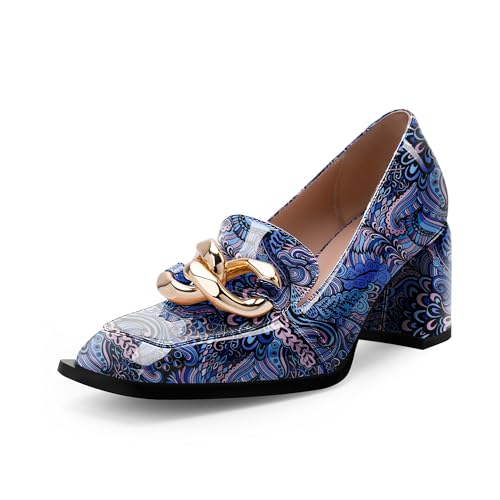 Women's Square Toe Slip On Metal Chain Pumps Chunky Heel Patent Leather Dress Shoes