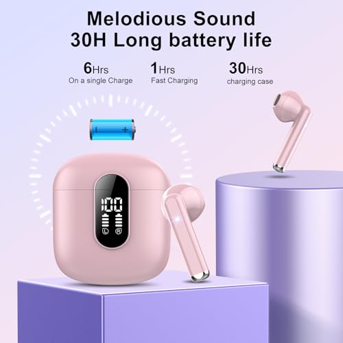 Image of Jesebang Wireless Earbuds, Bluetooth 5.4 Headphones HiFi Stereo, Bluetooth Earbuds with ENC Noise Cancelling Mic, 36H LED Display Ear Buds, IPX7 in Ear Earphones for Phone Tablet Laptop Sports, Pink