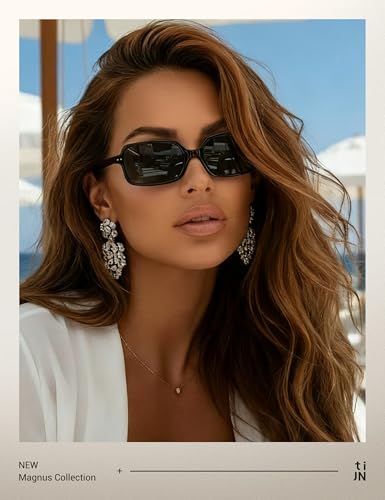 TIJN Retro Rectangular Sunglasses for Women,Vintage 90s Style,Trendy Lightweight UV Protection,Fashion Square Sunnies,Black