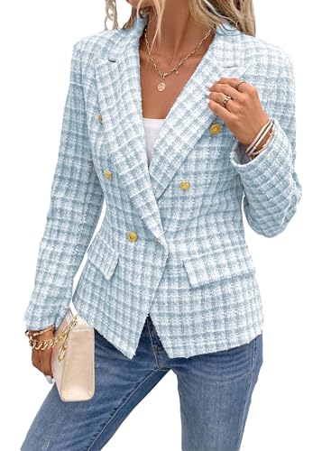 Mina Self 2025 Fall Women's Tweed Plaid Blazer Jacket - Fashion Slim Fully-Lined Double-Breasted Casual Work Coat (Pockets)4
