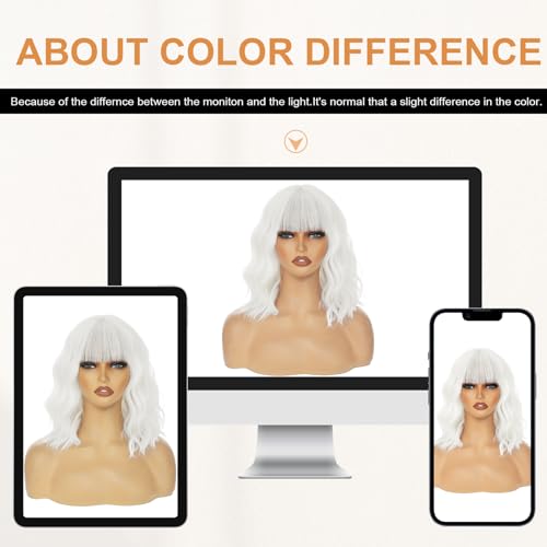Image of AGO White Wavy Wig with Bangs,Short Curly Bob Wig Shoulder Length 14Inch Synthetic Hair for Women Girl Heat Resistant Synthetic Colorful Wigs for Daily Party Halloween Cosplay Use(60#White)
