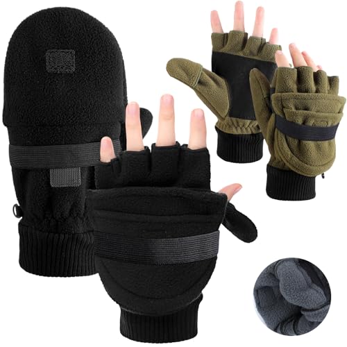 Bonuci 2 Pairs Winter Waterproof Fleece Mitten Gloves for Men Flip Fingerless Work Convertible Gloves for Winter Cold Weather Running Ice Fishing Hunting Outdoor Supplies
