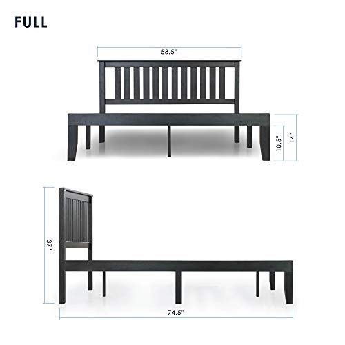 Mellow Marley 14 Inch Solid Wood Platform Bed with Paneled Headboard, Ebony Black, Full