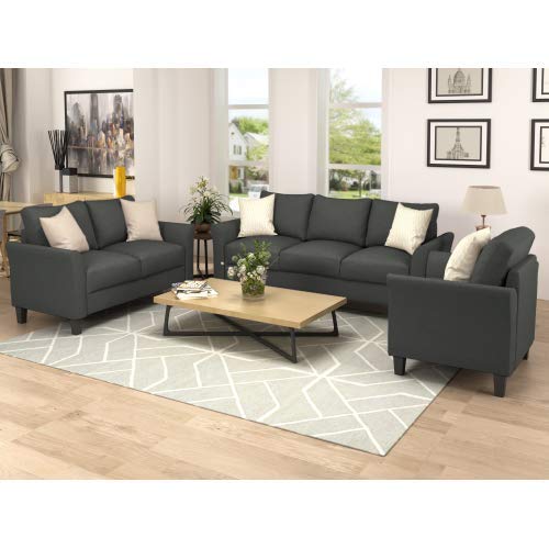 UNIROI Pieces Living Room Couch, 3 Seats Loveseat Single Chair Sofa Set, Black 2