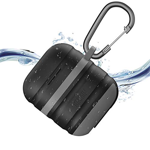 Funda Impermeable para AirPods 1 & 2,KMMIN Carcasa de Silicona Compatible con AirPods 1 & 2,AirPods Accesorios con Gancho,Funciona con Carga Inalámbrica,Negro