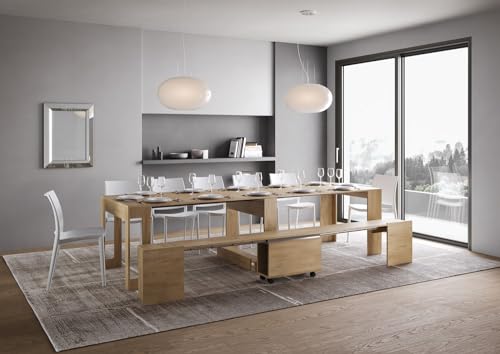 IMAGO FACTORY Lover – Consola extensible con banco inferior, mesa extensible para comedor (hasta 302 cm), mueble consola de entrada moderna, mesa de cocina fabricada en Italia (roble natura)