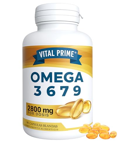 VITAL PRIME Omega 3 6 7 9 Capsulas 2800MG 90 Perlas Enriquecidas con Aceite de lino, Onagra, Oliva, Germen de Trigo y Nueces de Macadamia | Omega 3 6 7 9 en Capsulas Blandas Fabricado en España