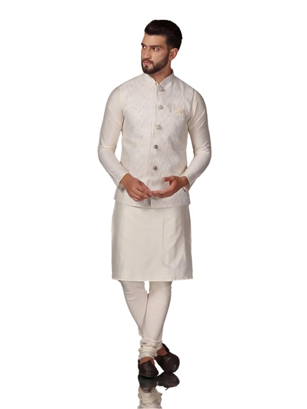 kisah Men's Kurta Jacket Churidar Set, Black Jacquard, Woven Design Regular Fit Long Sleeves Mandarin Collar-picture-28