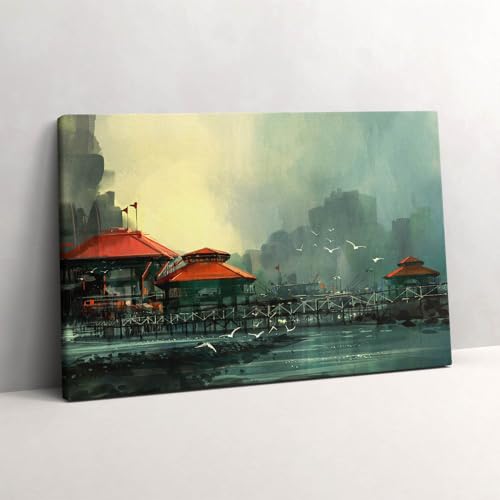 Grand Tableaux 60x40cm Village de pêcheurs - Wallfluent Décoration Murale Peinte