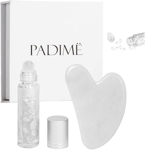 Padime 2 piezas  Juego de masaje premium 2 en 1  Gua Sha de cuarzo transparente + botella de vidrio para aceite o suero  Juego de 2 herramientas de