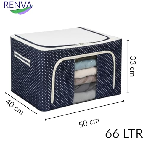 Image of RENVA 2 PCS polycotton Clothes Storage Organizer Bins, Foldable Storage Bins-Cloth Steel Frame Storage Box with Foldable Clear Window & Reinforced Handles (Blue, 66L-2)