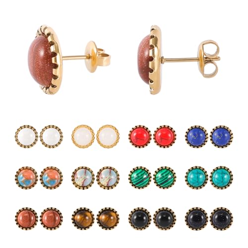12 Pairs Multi Gemstone Stud Earrings Gold Plated Stainless Steel Turquoise Tiger Eye Onyx Lapis Lazuli Malachite Stone Stud Earrings Set for Women3
