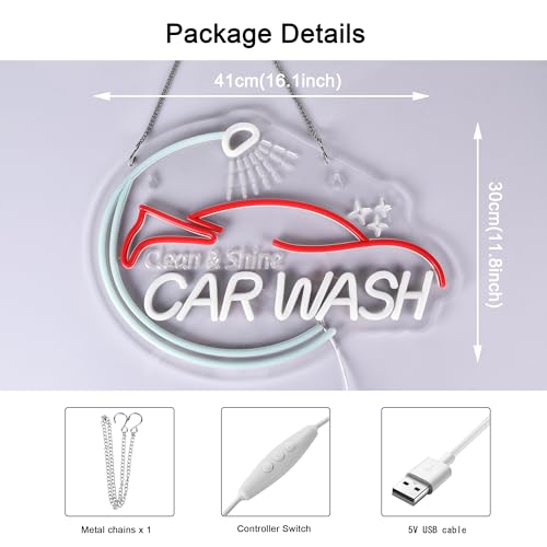 Image of Car Wash Neon Sign,USB Powered Dimmable Wall Decor LED Light | Neon Lights Hanging Wall Art Decor for Gas Station garage Detailing automotive Service Home Decor,Ultra Bright,16.14x11.8in