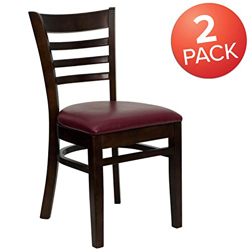 Image of Flash Furniture 2 Pk. HERCULES Series Ladder Back Walnut Wood Restaurant Chair - Burgundy Vinyl Seat
