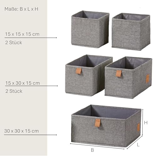 LOVE IT STORE IT Premium Aufbewahrungskorb 5-teilig - Schrank Organizer aus Leinen Stoff - Verstärkt mit Karton - Grau - 5 Boxen in 3 Größen