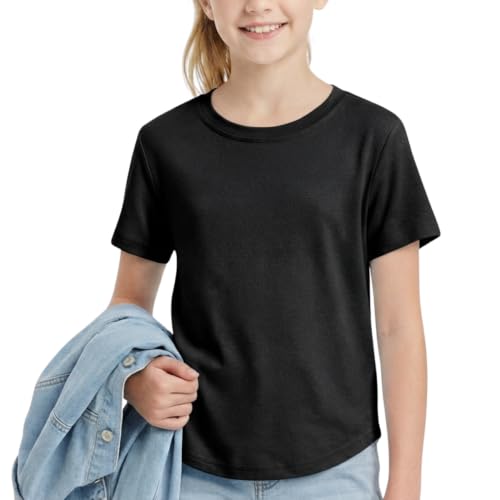 Image of WELAKEN Girls Soft T-Shirt with Curved Hem, Breathable Stretchy Rayon Crewneck Short Sleeve Tees, Kids Everyday Basic Top