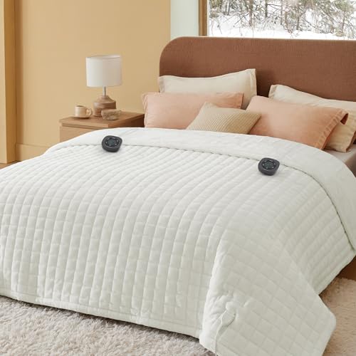 Image of Bedsure Electric Blanket King Size - Quilted Winter Bedding of Thick Flannel, Dual Control Heated Blanket with 10 Heat & 10 Time Settings, Fast Heating for Cold Sleepers (100x90 inches, Ivory)