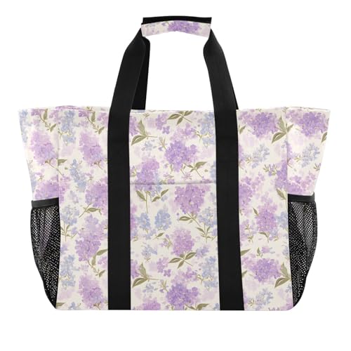 linqin Purple Blue Lilac Flowers Utility Bag for Trunk with Handles Foldable Shopping Bags for Groceries with Pockets for Beach