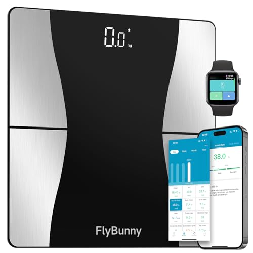 Flybunny Bluetooth Körperfettwaage mit App – Präzise Personenwaage bis 180 kg, Digitale Anzeige, BMI & Muskelanalyse, 18 Körperwerte, kompatibel mit LeAo Health