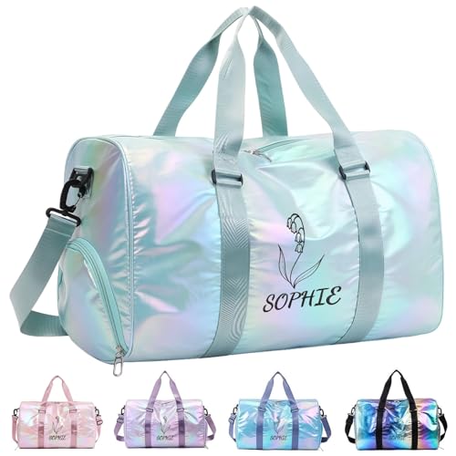 Custom Ballet Dance Bag for Girls,Embroidery Flora&Name,Personalized Gym Duffle Bag with Wet Dry Pockets & Shoe Compartment, Sport Tote Swimming Yoga, Weekender Overnight Bags for Women