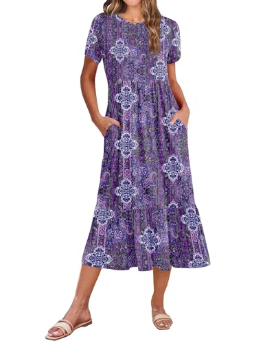 Image of Zeagoo Women Summer Midi A Line Dress Short Sleeve Casual Flowy Tiered Beach Long Sundress with Pockets 2026 Vacation Travel