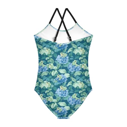 senya Girls Swimsuits One-Piece Swimwear Tie Bathing Suit Beach Summer Round Neck 7-8T Green Frog Blue Hydrangea Pattern2