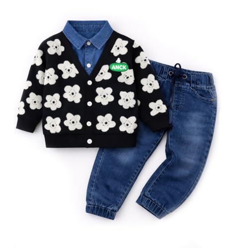 Image of Bold N Elegant Teddy Bear Cartoon Print Cardigan Jacket Attached Shirt & Denim Jeans Pant Winter Party Clothing Set for Boys Girls Kids