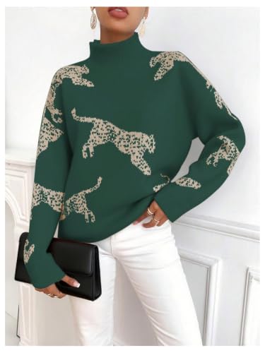 Image of WDIRARA Women's Leopard Tiger Print Sweater High Neck Long Sleeve Fuzzy Knitted Pullover Top