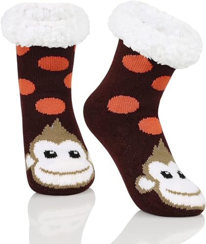 Zando Kids Girls Boys Slipper Socks Christmas Warm Fleece Fuzzy Socks Non-Skid Children Animal Thick Grip Fluffy Socks Smile Monkey 2XL
