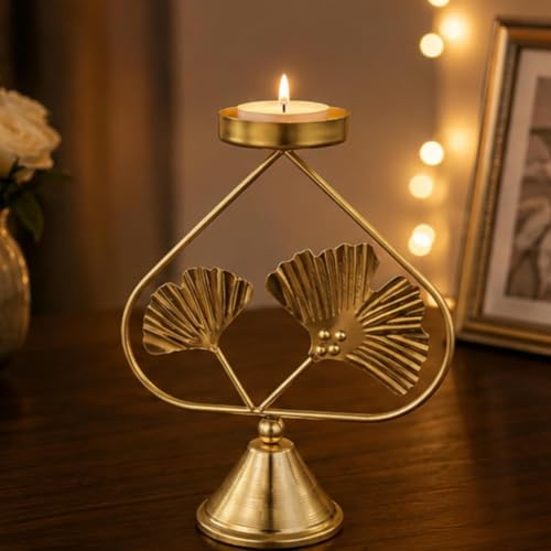 Image of Webelkart Premium Gold Plated Tealight Candle Holder for Home Decor |Candle Stand with Ginkgo Leaf Design | Diwali Candle Holder,Living Room, Bedroom, Dining Table & Festive Decoration (7 inch in)