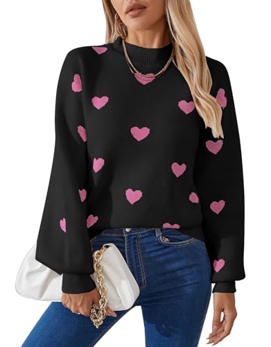 Image of Women's Long Sleeve Mock Neck Sweaters Loose Cute Heart Pullover Sweater