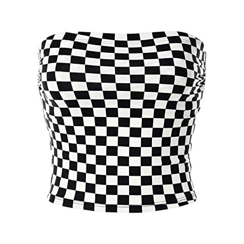 MixMatchy Women's Solid Casual Summer Side Shirring Scrunched Double Layered Tube Top, A Black/ Ivory, L Cover