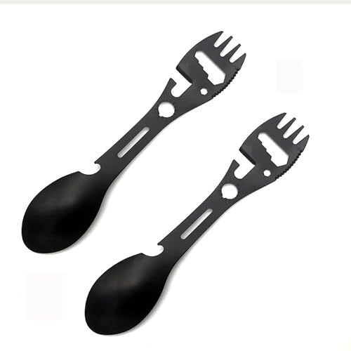 JOYKOL Multifunctional Outdoor Spork – 10-in-1 Combo Camping Utensil for Hiking, Stainless Steel Spoon & Bottle Opener, Fork & Knife, Detachable Tableware, Black, 2pcs