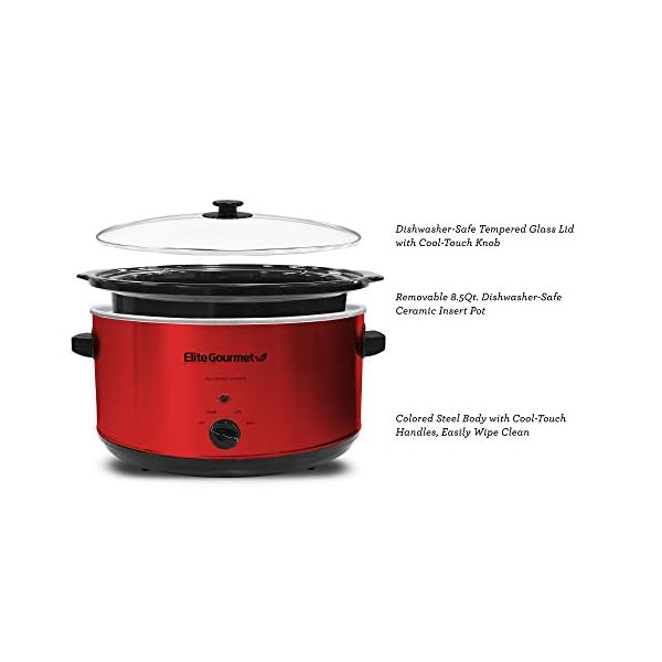 Elite gourmet mst 900rxt electric ceramic xl jumbo slow cooker adjustable temp entrees sauces stews dips dishwasher safe glass lid crock 85qt metallicred  urban country home decor