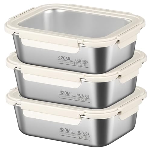 CECOMBINE 3Pack Stainless Steel Food Storage Containers With Lids Airtight Metal Food Container Stackable Meal Prep Containers Leakproof Metal Lunch Box for School Office (420 Millilitres)