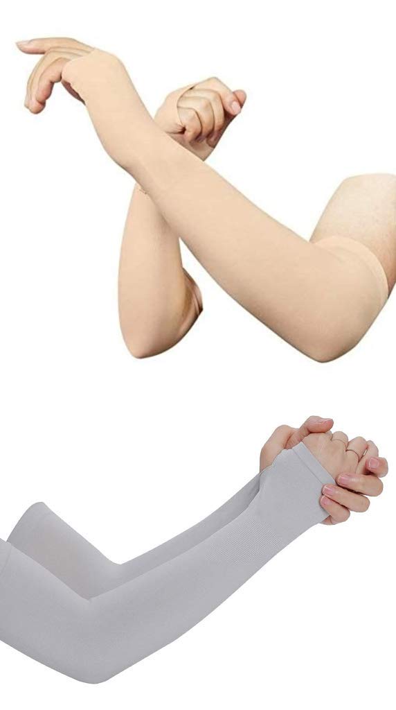 VT VIRTUE TRADERS Let's slim UV Fingerless Full Hand Sleeves for Men's and Women's Driving Gloves (1 Pair Beige & 1 Pair Grey)