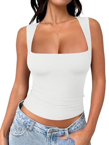 REORIA Women's Sexy Going Out Crop Tops Square Neck Double Lined 2025 Fashion Cute Basic Trendy Tank Tops Summer Y2k Teen Girls Clothing White Medium