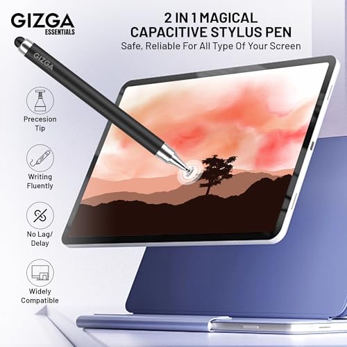 Image of Gizga Essentials 2 in 1 Universal Stylus Pen for All Touchscreen Devices| Fine Point Disc Tip & Soft Rubber Tip Touch Pen for iPad /Pro /Air /mini, iPhone, iOS /Android, Tablets, Smartphones, (Black)