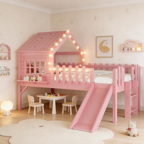 Bellemave Twin Loft Bed with Slide and Ladders Solid Wood Low Loft Bed with Tray Lights Playhouse Roof House Loftbed Frame for Kids Boys Girls Childlike and No Box Spring Needed Design Pink
