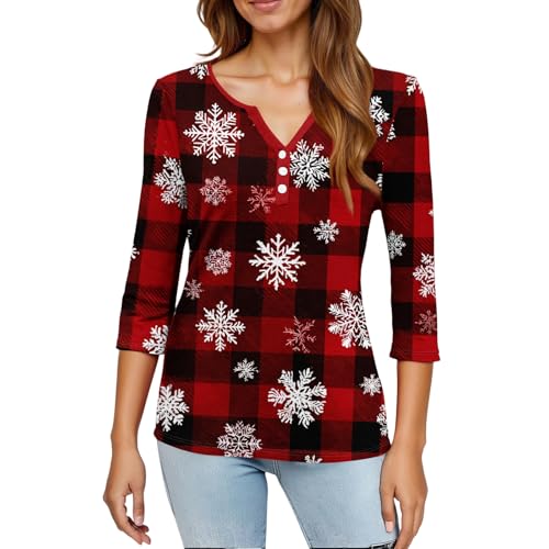 Image of Women Christmas Shirt 3 /4 Length Sleeve Henley Tops Xmas Outfits