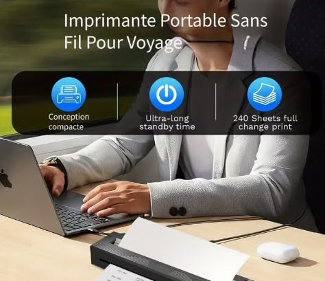 Imprimante Thermique Portable A4 sans Encre Bluetooth Compatible iOS Android Noir