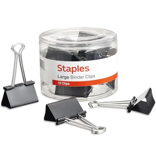 Staples Binder Paper Clips, 1 Inch Capacity, Large, 12-Pack, Black