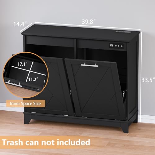 Image of BORNOON Tilt Out Trash Can Cabinet for 2 Bins, Hidden Recycle Garbage Bin Enclosure, Wooden Double Laundry Cabinet with Odor Control, Negative Ion & Ozone, for Kitchen, Bathroom, Laundry Room