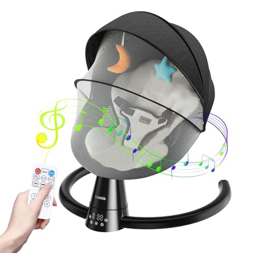 Electric Baby Bouncer with Bluetooth Baby Bouncer Chair with 5 Swing Speed 3-Stage Timer and Remote Control Portable Swing Chair from Birth for Newborn Boys Girls (Black)
