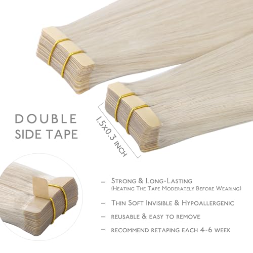 Image of WENNALIFE Tape in Hair Extensions Human Hair, 20pcs 50g 22 inch Platinum Blonde Remy Hair Extensions Straight Human Hair Tape in Extensions Skin Weft Tape Extensions Human Hair