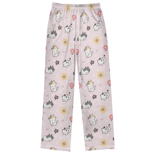 Boy's Pj Pants Cat Sunflower Pink White Dot Lounge Bottoms Elastic Waist Kids Joggers with Pockets Size 6-14 7