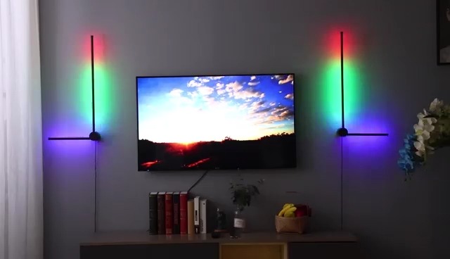 Image of RGB LED Wall Sconces Set of Two with Remote, 15 Color Modes, Dimming, DIY 180 Rotate, Black Plug in Wall Sconces with Warm Light, Dynamic Multicolor Ambience Lights, Plug in Wall Light, 23.6 Inches