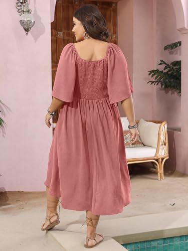 Image of SCOMCHIC Plus Size Summer Dress Casual Short Sleeve Bow Tie Deep V Neck Smocked Button Down Midi Flowy A-line Boho Dresses