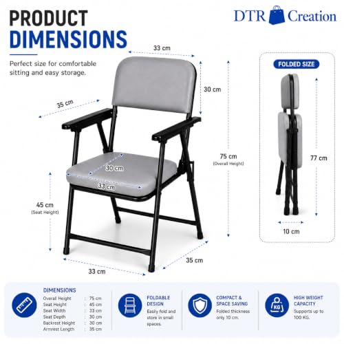 Image of Foldable Cushioned Chair with Armrests | Heavy Duty Metal Frame | Soft Padded Seat & Backrest | Space Saving Folding Chair for Home, Office, Study & Guest Seating | Grey
