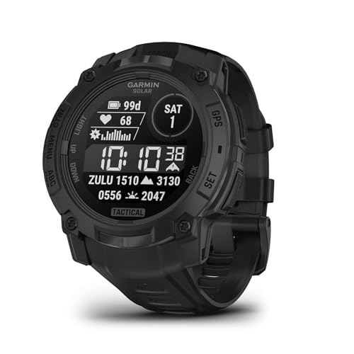 Garmin Instinct® 3 Tactical Edition smartwatch with solar display, featuring heart rate monitor, GPS, and tactical modes, showcased in a sleek black design.